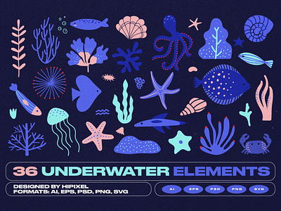 Underwater Fishes & Shells Elements animal coral crab fish isolated jellyfishh moss ocean plants sea shell squid starfish sticker underwater