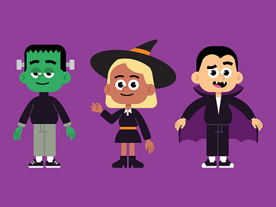 Halloween Characters: Frankenstein, Witch, and Vampire cartoon characters character design costume flat flat vector frankenstein halloween halloween characters illustration kids costume spooky illustrations trick or treat vampire vector witch