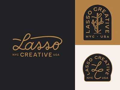 Lasso Creative badge branding cactus cowboy crest custom type desert film horseshoe landscape lasso location logo nashville rope script travel western