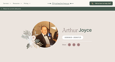 Obituary Hero Landing Page Design cover design hero landing page lithuania memorial memoriam obituary obituary services old rememberance ui web webdesign website