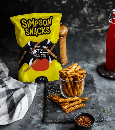 Simpson Snacks branding food food packaging illustration label design packaging packaging design pretzel snacks