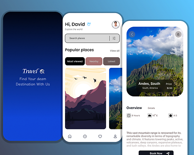 Travel app: Splash Page, Home Page and Place Screen design ui