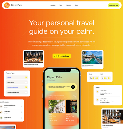 AI App Website Design and Branding ai brand identity branding colorful gradient hero landing landing page logo logo design mobile app orange startup travel app travel product ui web webdesign website yellow