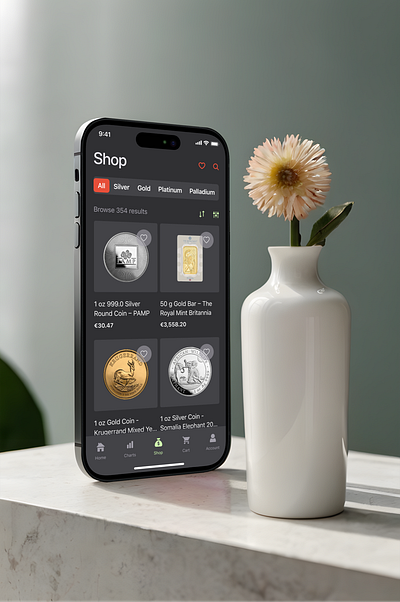 Shop for precious metals app ecommerce filter finance interface ios mobile app online shop shop shopping ui ux