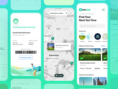 Integolf - Golf Booking App app application bar code booking branding design flat golf golf courses graphic design green illustration locations logo maps minimal tee times ui