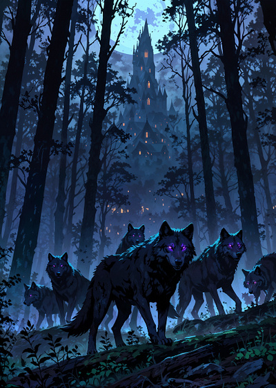 Wolves and a Castle anime art dark fantasy fantasy illustration landscape magic wolfs