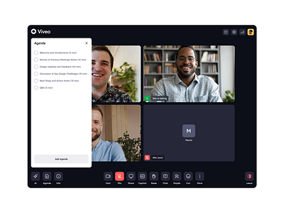 Viveo / Meeting Agenda ai app ai design ai meeting ai noter design desktop meeting ai meeting app meeting app ui meeting application ui design uidesign viveo zoom ui
