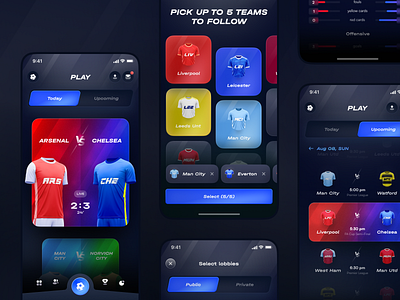 Football Social Betting App Concept 3d ai app bento grid concept dark theme football game leaderboard mobile notifications playful popup prediction ranking results score soccer statistics tabs