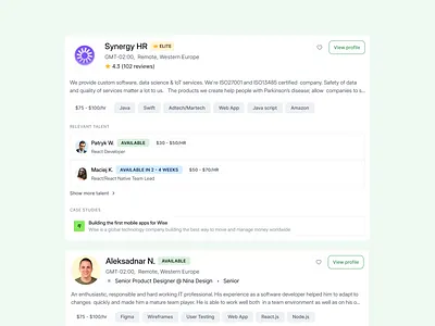 Search result - Agency/Talent Cards agency agency search box cards developer freelancer hiring job board job portal job search job seeker profile recruitment search talent talent box ui ux web work