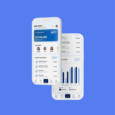 Sendica - Fintech App UI | Home, Select Amount, Select Recipient appdesign designpractice fintech fintechapp interactiondesign mobileapp moneytransfer portfolioproject sendica uidesign ux wiseinspired