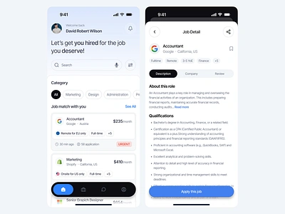 Job Finder Mobile App Design - List and Detail Job app app design career finder freelance app hiring ios job job board job details job finder job finder app list job mobile product design recruitment app ui uiux vacancy work