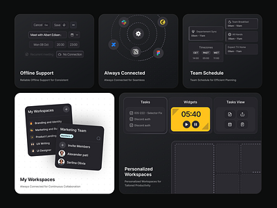 Project Management - Bento Grids bento card clean daily dark dashboard features grids management mode platform project saas schedule software task ui website