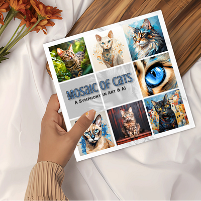 Mosaic of Cats: A Symphony in Art & AI book cover book cover branding design graphic design illustration mockup social media social media campaign