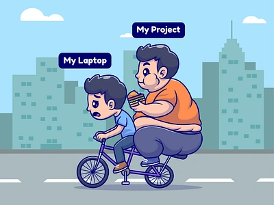 My Laptop vs My Project💻 bike boy branding burger cartoon character city cute doodle fat flat food icon illustration laptop logo man meme project typography