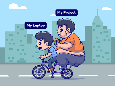 My Laptop vs My Project💻 bike boy branding burger cartoon character city cute doodle fat flat food icon illustration laptop logo man meme project typography