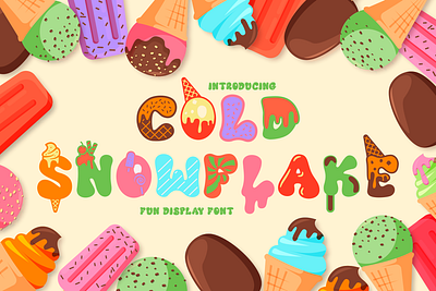 Cold Snowflake – Quirky Ice Cream And Candy Theme Font birthday bold branding font candy children colorful crafting display font fun graphic design ice cream illustration kids logo modern font packaging posters product design quirky rounded