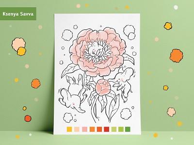 Coloring page - Cartoon cute elephants and flowers black and white cartoon character children coloring book coloring page cute design elephant fairytale fantasy flower for kids illustration peony summer