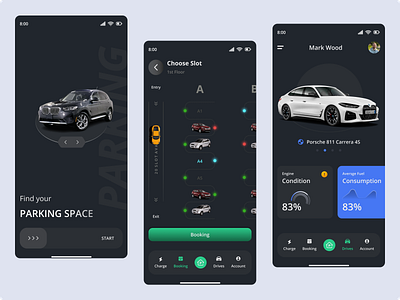 ParkingSpace App Redesign app design car parking clean design dark mode location services map integration minimal ui mobile app navigation app parking app parking finder parking solution responsive design smart city smart parking ui design user experience user interface ux design vehicle management