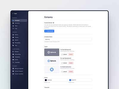 Settings app company dashboard logo preference profile settings ui ux