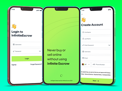 Mobile App Login, Signup, and Splash Screen appdesign appdevelopment create account create account page figma figma design infinite escrow login login page mobile inteface mobileapp sign in signup signup page splash app splashscreen ui user interface userexperience ux