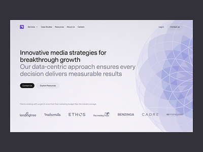 Stringo Media — Homepage Hero clients cta data design desktop header hero media navbar product design purple services strategies transparency ui ux web website