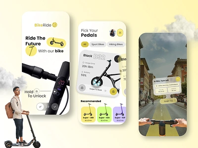 Smart Electric Bike Mobile App android bicycle bike app biketracker biking bold cycling app ebike electric bike app electric cycle ios layout map saas smart app smart bike tracker tracker app tracking app ui