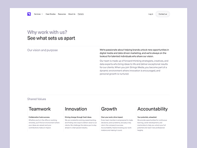 Stringo Media — Careers careers data design desktop grid header layout media minimal minimalist product design purple services strategies teamwork ui ux web website