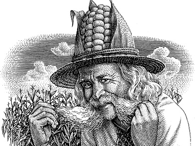 Corn black and white engraving illustration oldman portrait scratchboard woodcut