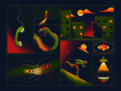 City Perimeter bright car cat character city color creepy dark flat illustration mystical night phone scary snake