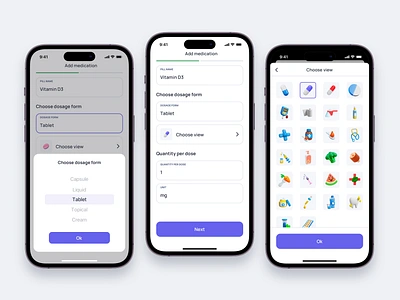 Medication tracker | Adding medications | app apps calendar freelancer health health app health care interface ios medical care medication mobile mobile ui mobileapp product designer schedule tracer ui uiux userinterface