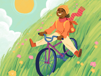 Happy child on a bike bicycle bike character child childhood childrens book colorful cute fun happy hill illustration joyful landscape nature procreate