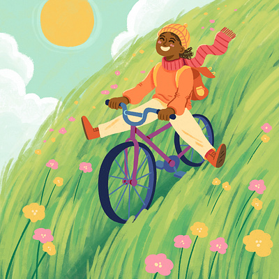 Happy child on a bike bicycle bike character child childhood childrens book colorful cute fun happy hill illustration joyful landscape nature procreate