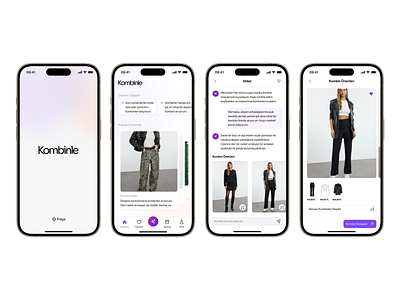 Kombinle - AI Stylist Mobile App ai app application artifical intelligence chat details home mobil mobile outfits product splash stilist stylist ui ux uygulama yapay zeka