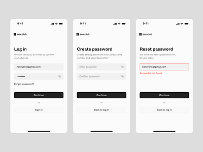 Log / Sign in | oox.club flow interface log in mobile register reset password sign in sign up ui ux