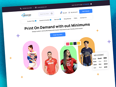 Custom Tees clothing website custom t shirts website design custom tees website design ecommerce landing page design online store print on demand website ui ui design uiux user experience user interface ux ux design web design web responsive web ui ux website design