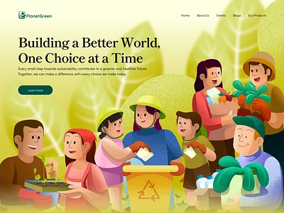 Planet Green Website - Hero Header Illustration digital art eco friendly eco living illustration flat design graphic design green ilustration hero eader illustration landing page leaf lifestyle planet top section vector website website illustration