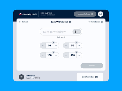 Clearway Bank: cash withdrawals with a clean UI 3d animation atm b2c bank blue button cash design finance fintech interface logo money motion product design screen ui ux white