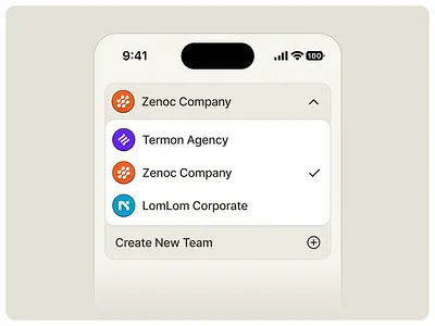 Change Team Account 🧑🏻‍💻 account action add app change clean design dropdown expand icon illustration interface minimal mobile navigation settings simple switch team ui