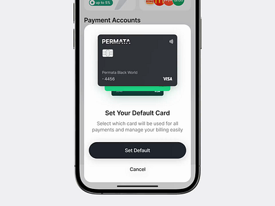 Set Default Bank Card Animation animation bank bank app bank card bank home screen black card cards animation cards screen choose card clean fintech app fintech ui iphone 16 minimal mobile app mockup modal pop up pop up animation swipe animation