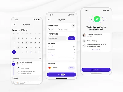 Healix - Healthcare App (Calendar, Payment, Successfull) app calendar design health healthcare healthcareapp mobile mobile app mobile design payment success transaction ui uidesign