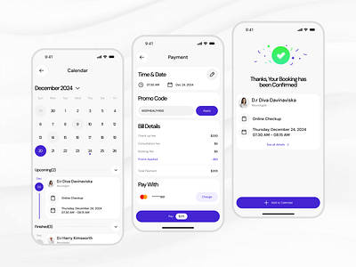 Healix - Healthcare App (Calendar, Payment, Successfull) app calendar design health healthcare healthcareapp mobile mobile app mobile design payment success transaction ui uidesign