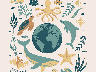 Underwater Eco Clipart Set 2d animals design eco elements fish flat art graphic design green illustration life marine minimalist ocean planet save sea seaweed set vector