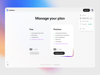 Manage your plan – Briefberry branding clean design figma manage plan minimal pricing ui ui design ui kit ui8 ux ux design web design