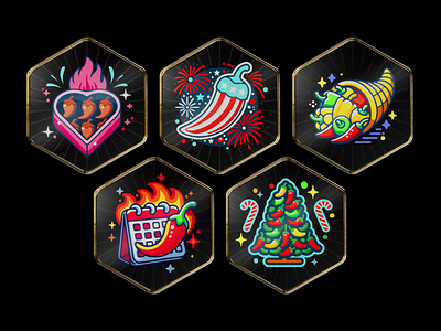 Spicy Holiday Achievement Badges 3d bages 3d blender 4th of july achievement achievement unlocked award badge design badges chilli christmas flames gold badges holiday medal national pepper month pepper spicy food thanksgiving usa holiday valentine