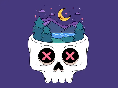 Skull with nature landscape branding cartoon character cloud colorful cute design forest graphic design illustration lake landscape logo moon nature night skull star tree ui