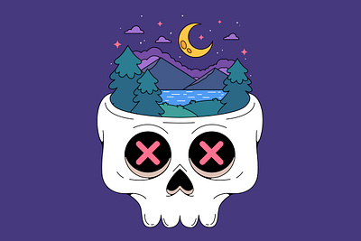 Skull with nature landscape branding cartoon character cloud colorful cute design forest graphic design illustration lake landscape logo moon nature night skull star tree ui