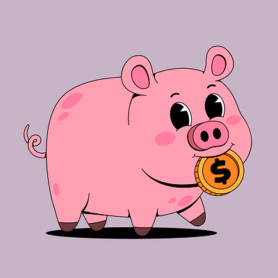 Cute pig bites coin bite branding cartoon character coin colorful cute design dollar gold graphic design illustration kawaii logo money pig ui