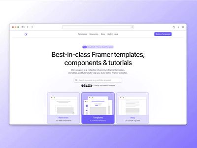 clicks.supply · Hero Section Design clean design framer hero design hero section illustrations minimal purple redesign template store ui web white