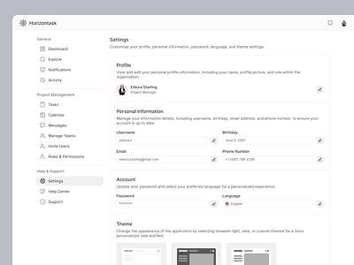 Horizontask - Settings Pages account b2b clean customization dashboard help center inner pages notifications personal information preferences profile saas settings setup support teams theme user control ux settings vektora