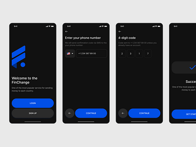 Fintech, Mobile IOS app dark mode registration ui ux verification